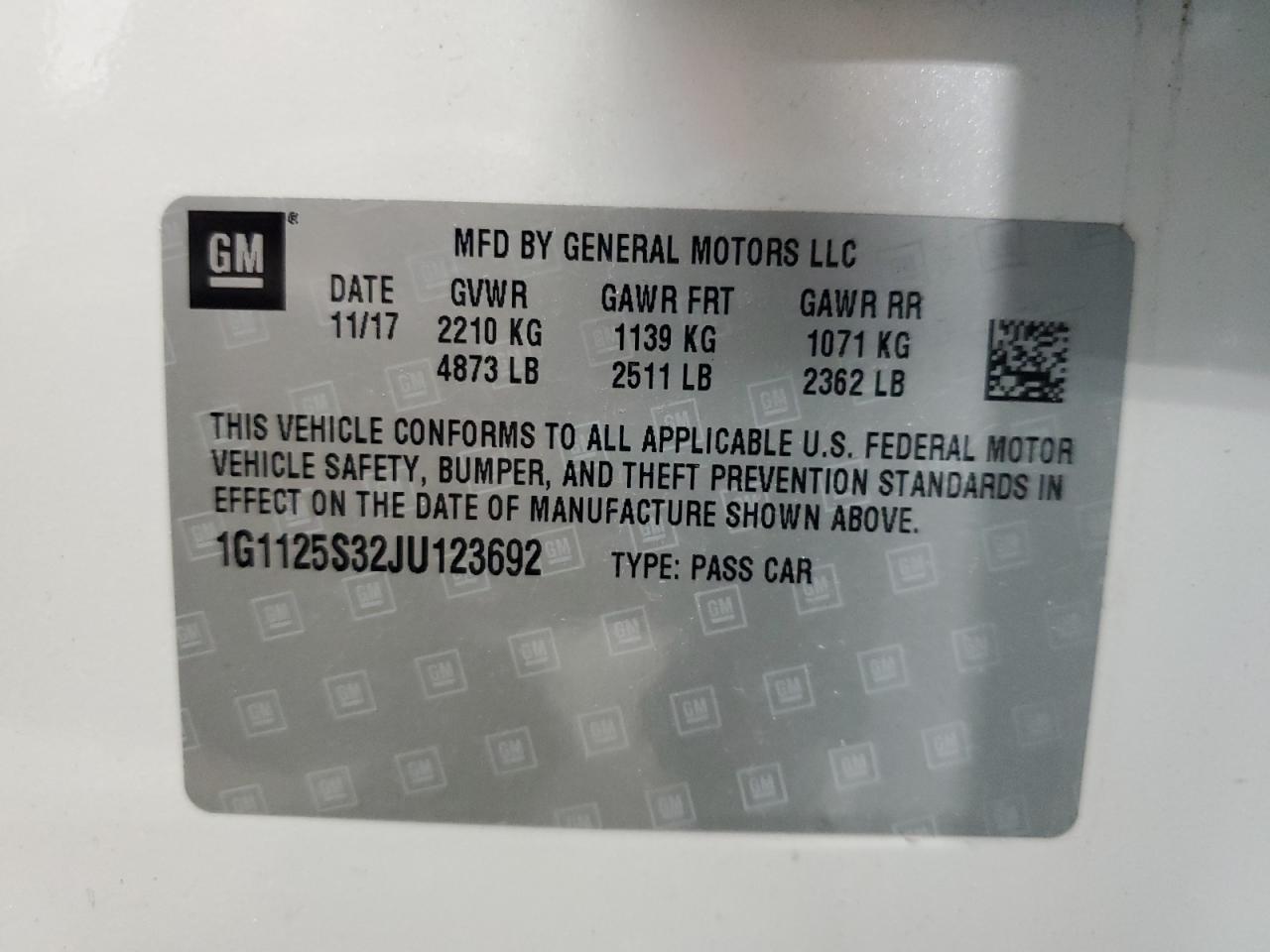 2018 Chevrolet Impala Premier VIN: 1G1125S32JU123692 Lot: 83940645