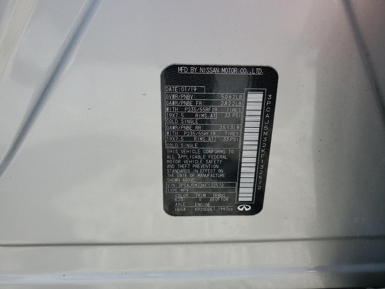 2019 Infiniti Qx50 Essential VIN: 3PCAJ5M32KF132572 Lot: 70711355