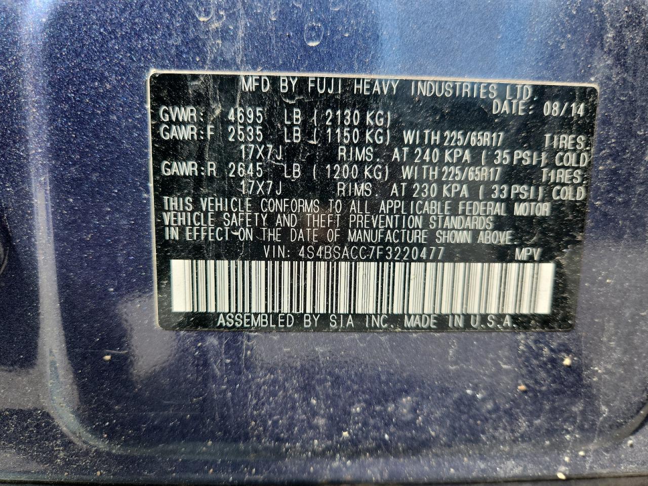 2015 Subaru Outback 2.5I Premium VIN: 4S4BSACC7F3220477 Lot: 81872015