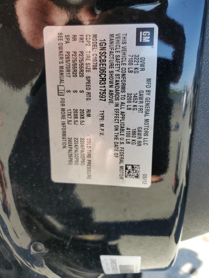 2012 Chevrolet Tahoe C1500 Lt VIN: 1GNSCBE06CR317597 Lot: 70597795