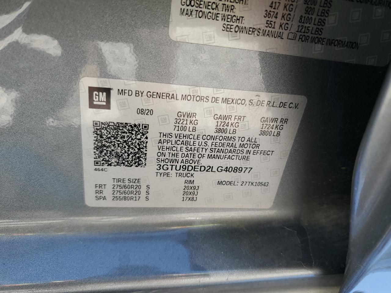 2020 GMC Sierra K1500 Slt VIN: 3GTU9DED2LG408977 Lot: 71558575