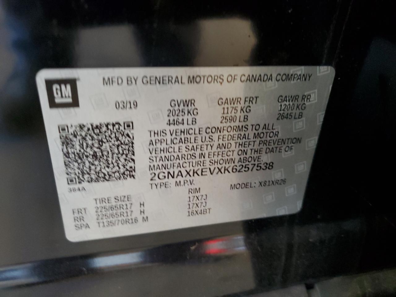 2019 Chevrolet Equinox Lt VIN: 2GNAXKEVXK6257538 Lot: 80641175