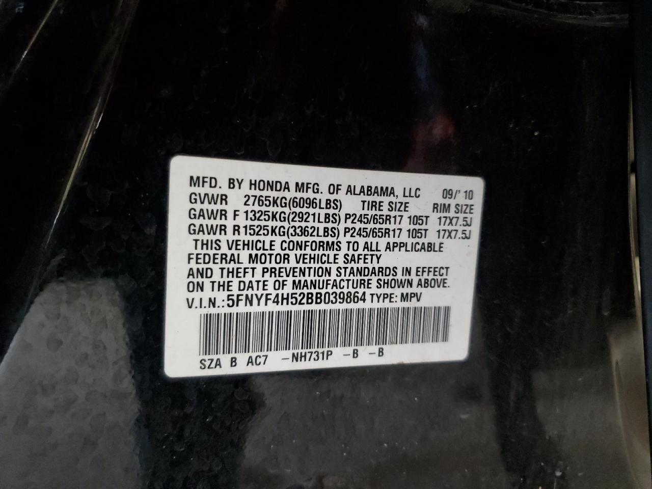 2011 Honda Pilot Exl VIN: 5FNYF4H52BB039864 Lot: 72015075