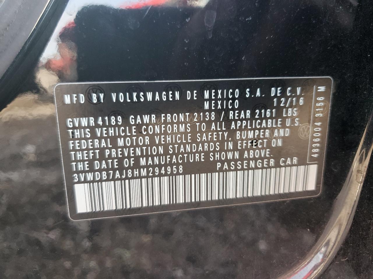 2017 Volkswagen Jetta Se VIN: 3VWDB7AJ8HM294958 Lot: 81653375