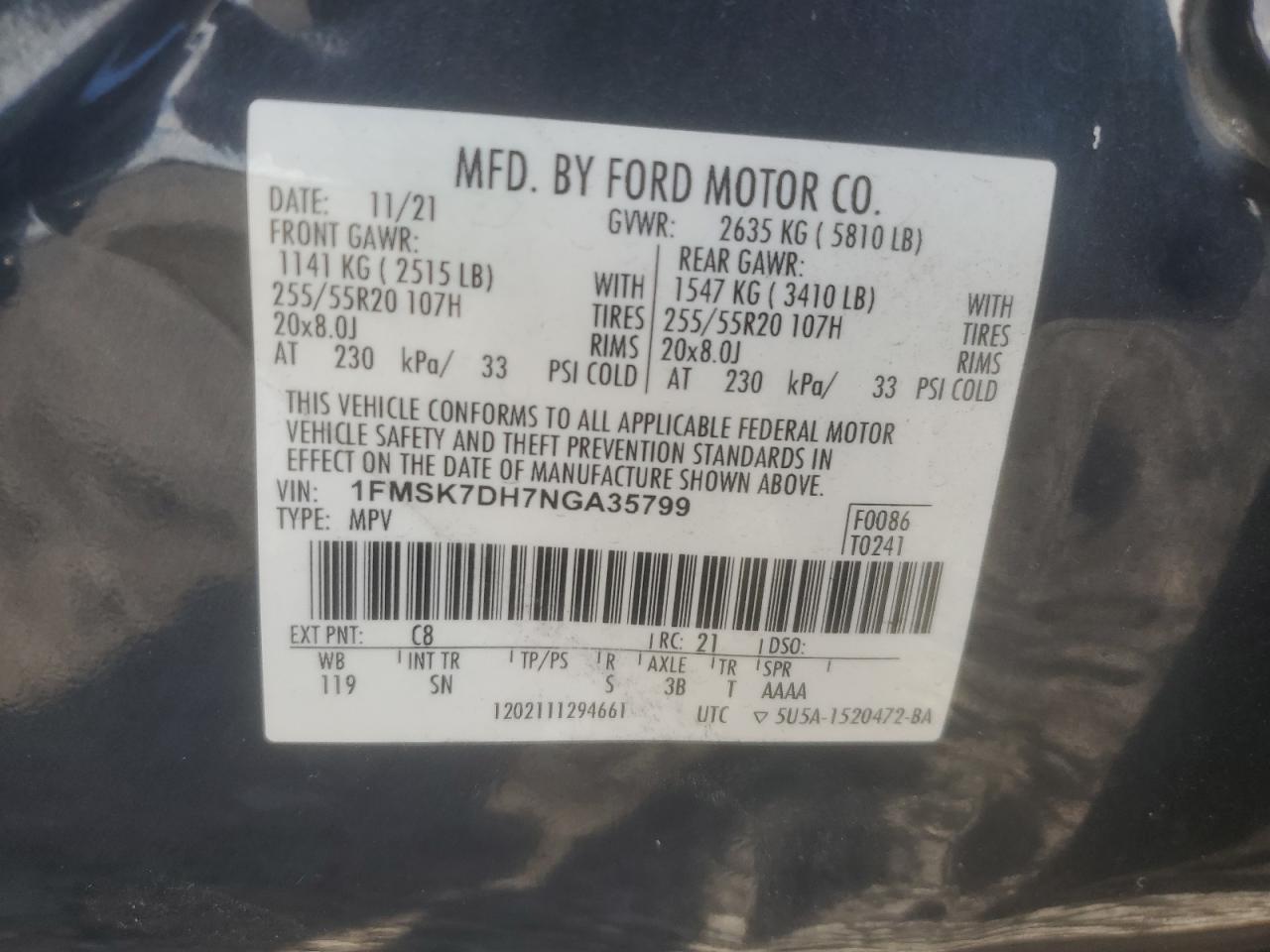 2022 Ford Explorer Xlt VIN: 1FMSK7DH7NGA35799 Lot: 83928145