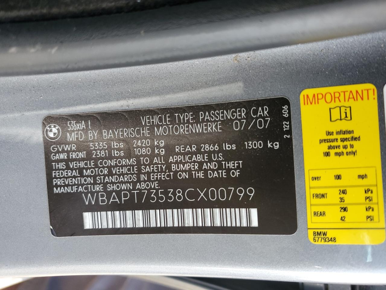 2008 BMW 535 Xi VIN: WBAPT73538CX00799 Lot: 81952665