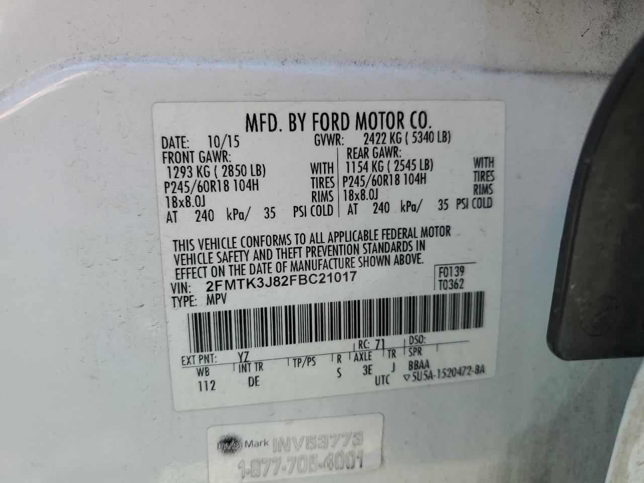 2015 Ford Edge Sel VIN: 2FMTK3J82FBC21017 Lot: 71554775