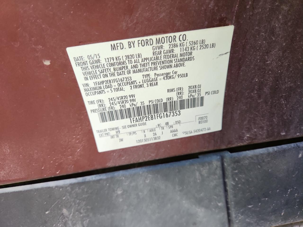 2015 Ford Taurus Sel VIN: 1FAHP2E81FG167353 Lot: 71858645