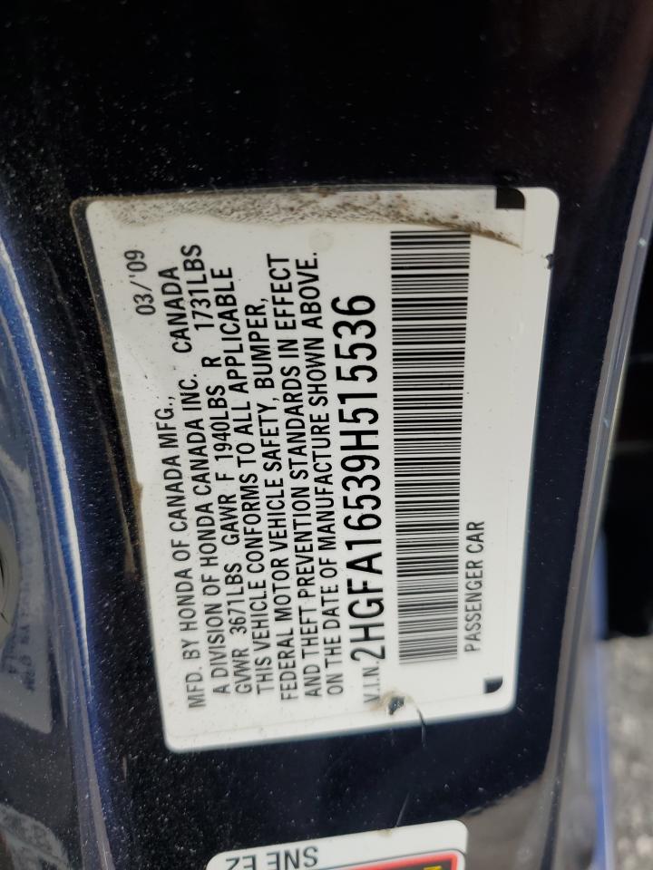 2009 Honda Civic Lx VIN: 2HGFA16539H515536 Lot: 81110395