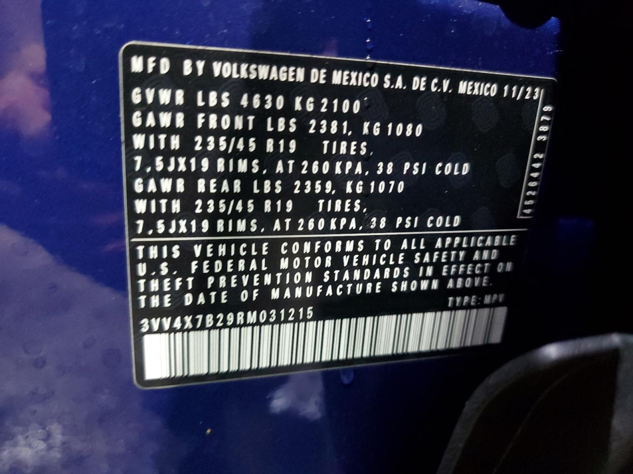 2024 Volkswagen Taos Sel VIN: 3VV4X7B29RM031215 Lot: 83800675