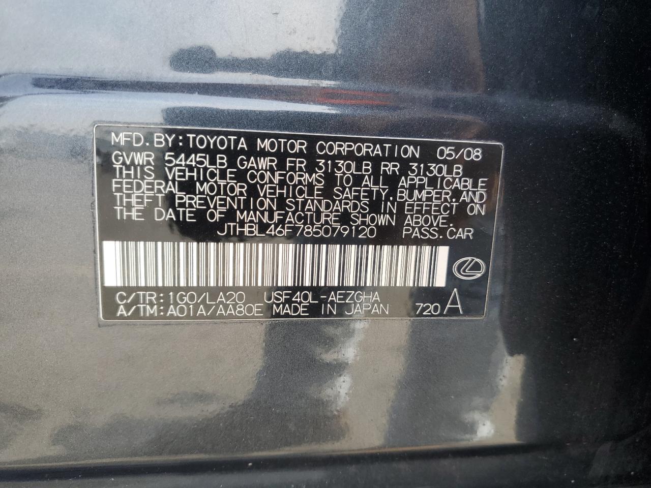 2008 Lexus Ls 460 VIN: JTHBL46F785079120 Lot: 72055085