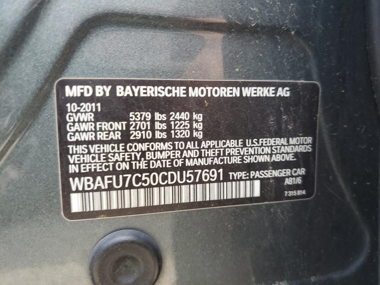 2012 BMW 535 Xi VIN: WBAFU7C50CDU57691 Lot: 82075245