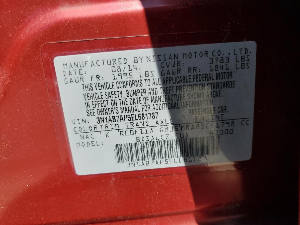 2014 Nissan Sentra S VIN: 3N1AB7AP5EL681787 Lot: 71722065