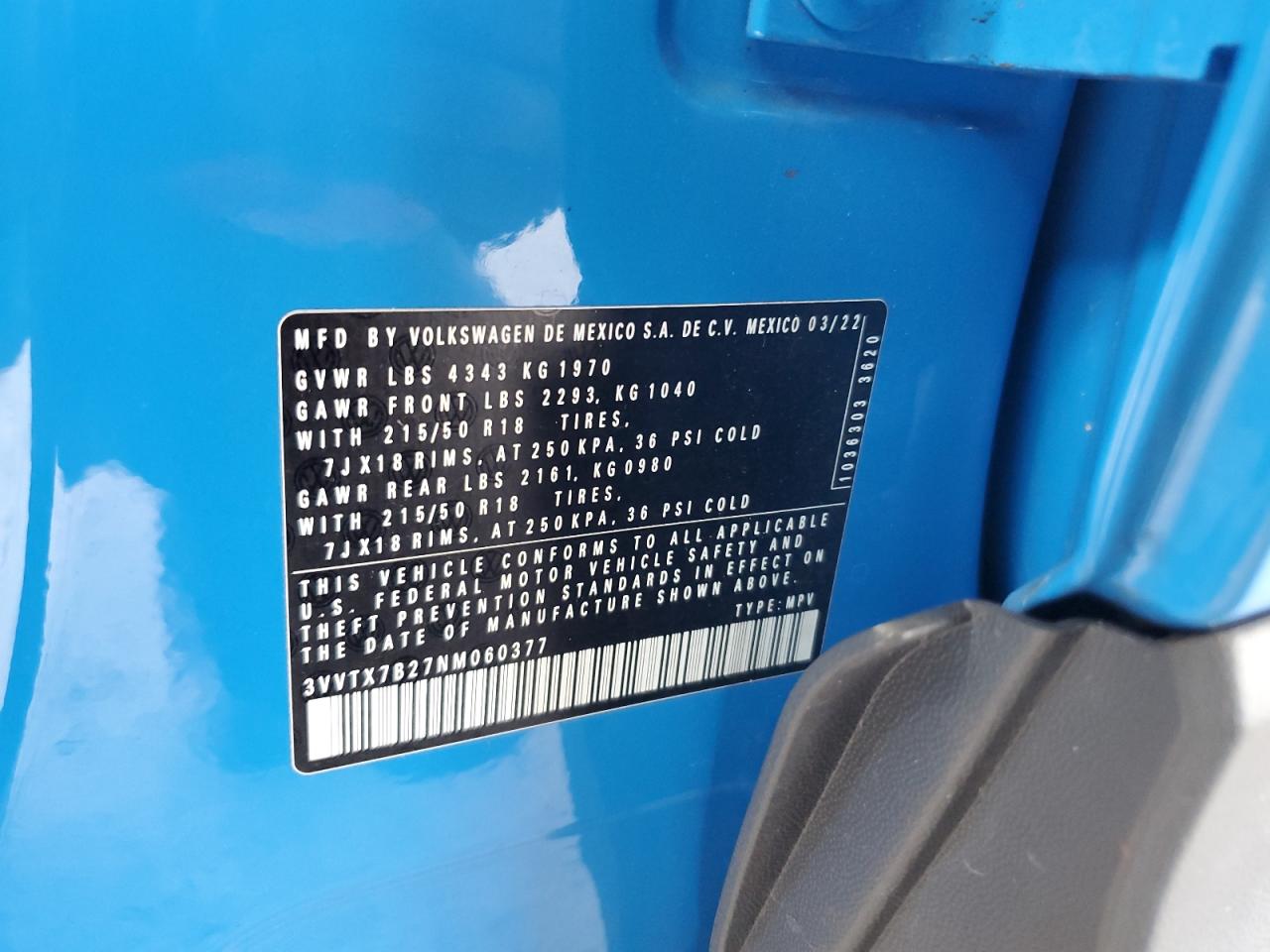 2022 Volkswagen Taos Se VIN: 3VVTX7B27NM060377 Lot: 72058315