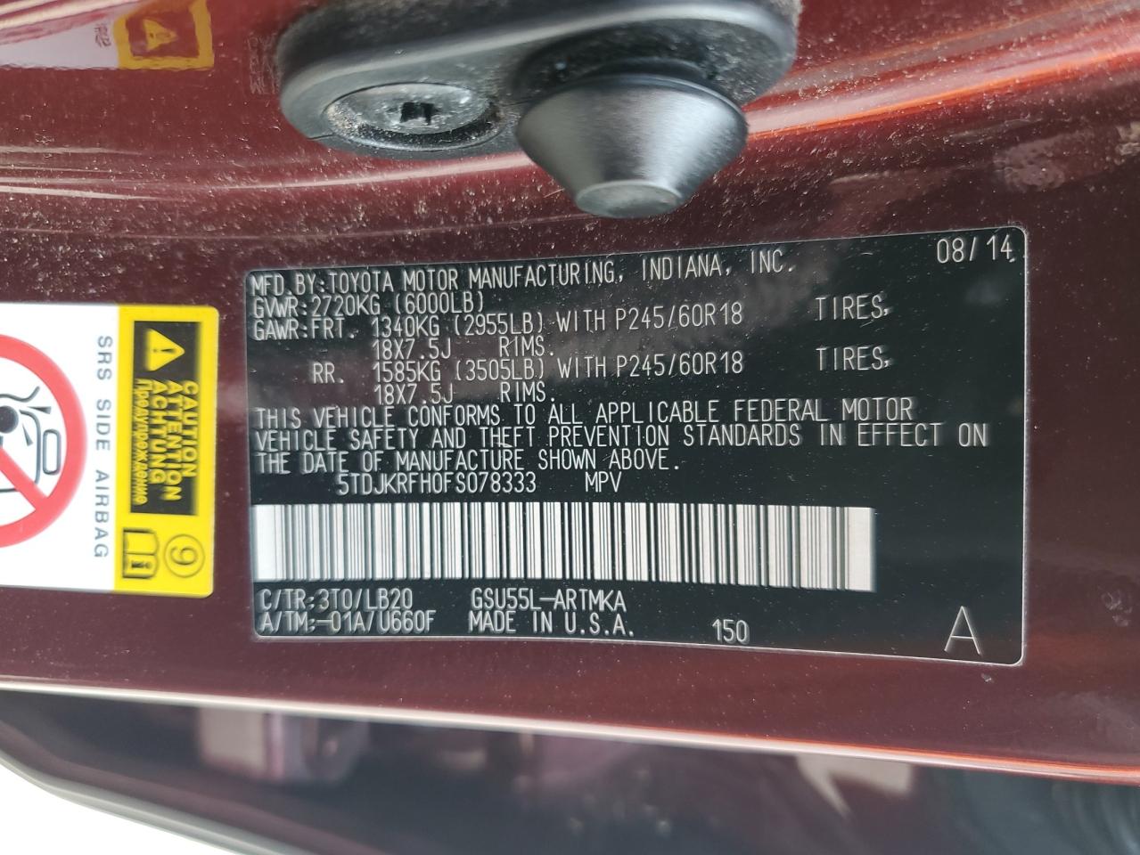 2015 Toyota Highlander Xle VIN: 5TDJKRFH0FS078333 Lot: 81310495