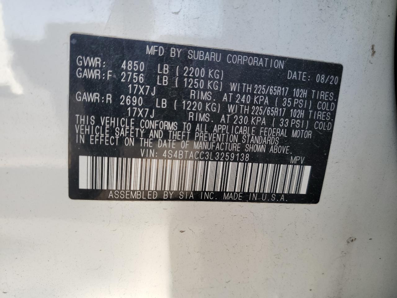 2020 Subaru Outback Premium VIN: 4S4BTACC3L3259138 Lot: 81424615