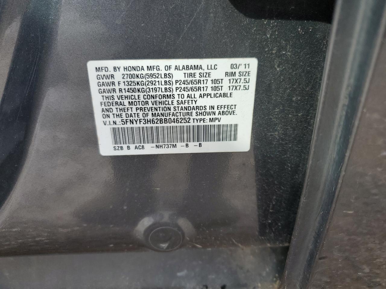 2011 Honda Pilot Exl VIN: 5FNYF3H62BB046252 Lot: 83946065
