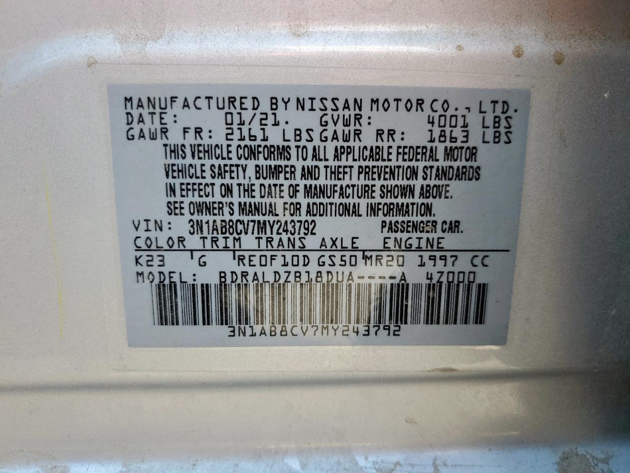 2021 Nissan Sentra Sv VIN: 3N1AB8CV7MY243792 Lot: 81044785