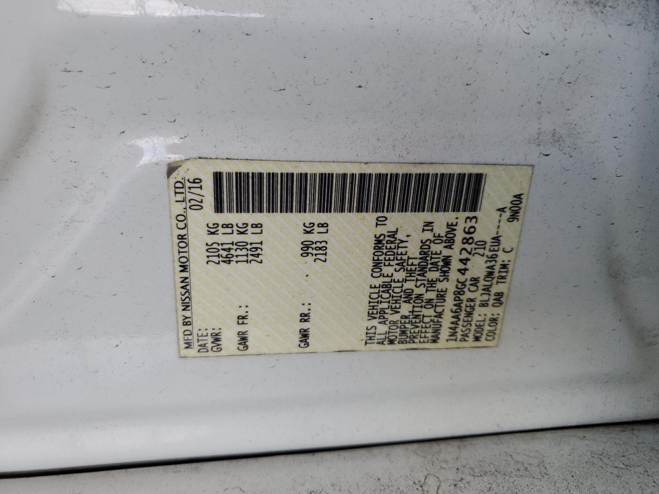 2016 Nissan Maxima 3.5S VIN: 1N4AA6AP8GC442863 Lot: 80263965