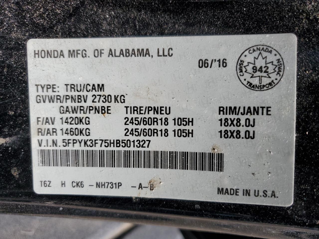 2017 Honda Ridgeline Rtl VIN: 5FPYK3F75HB501327 Lot: 68623335