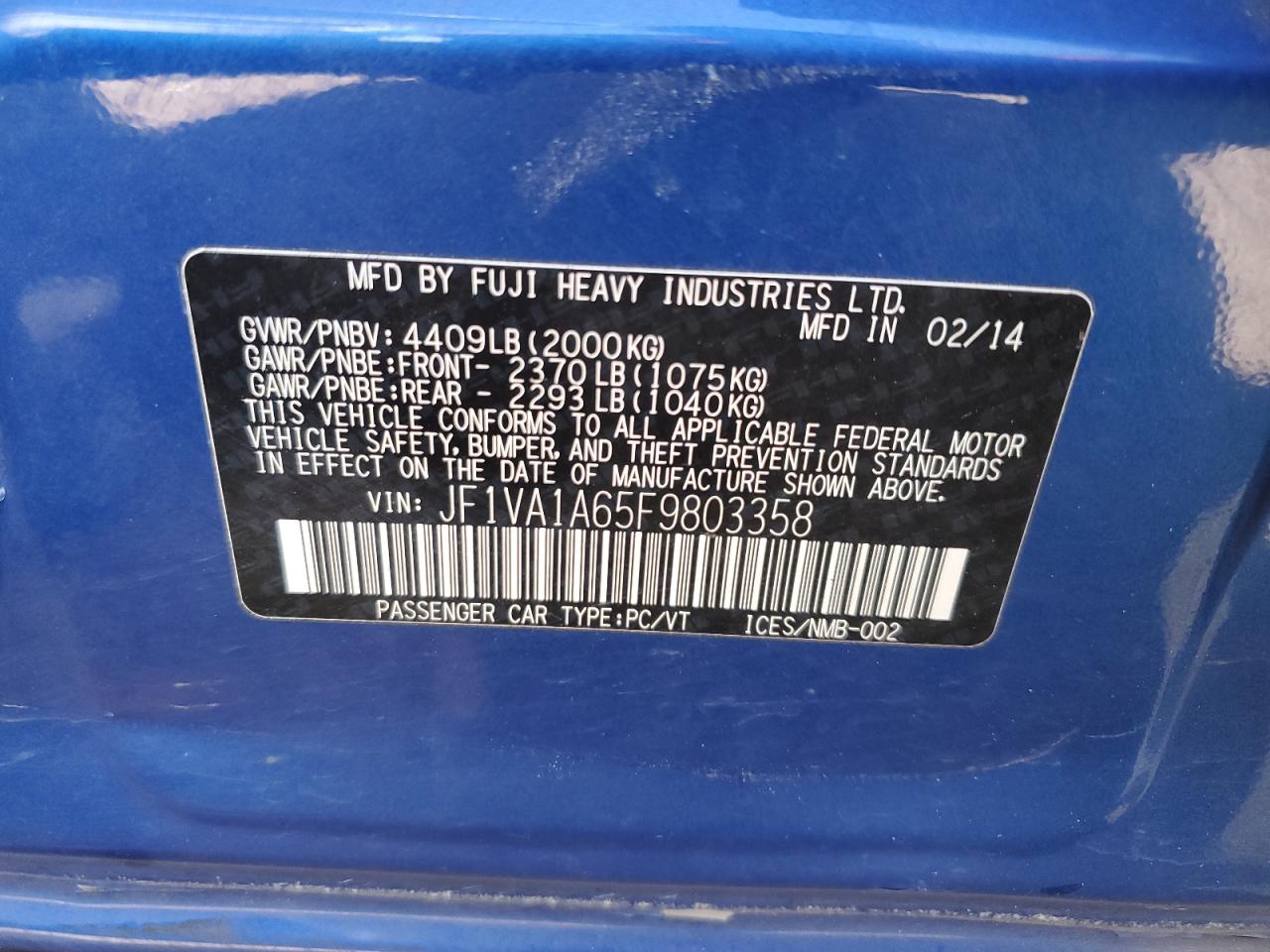 2015 Subaru Wrx VIN: JF1VA1A65F9803358 Lot: 71898135