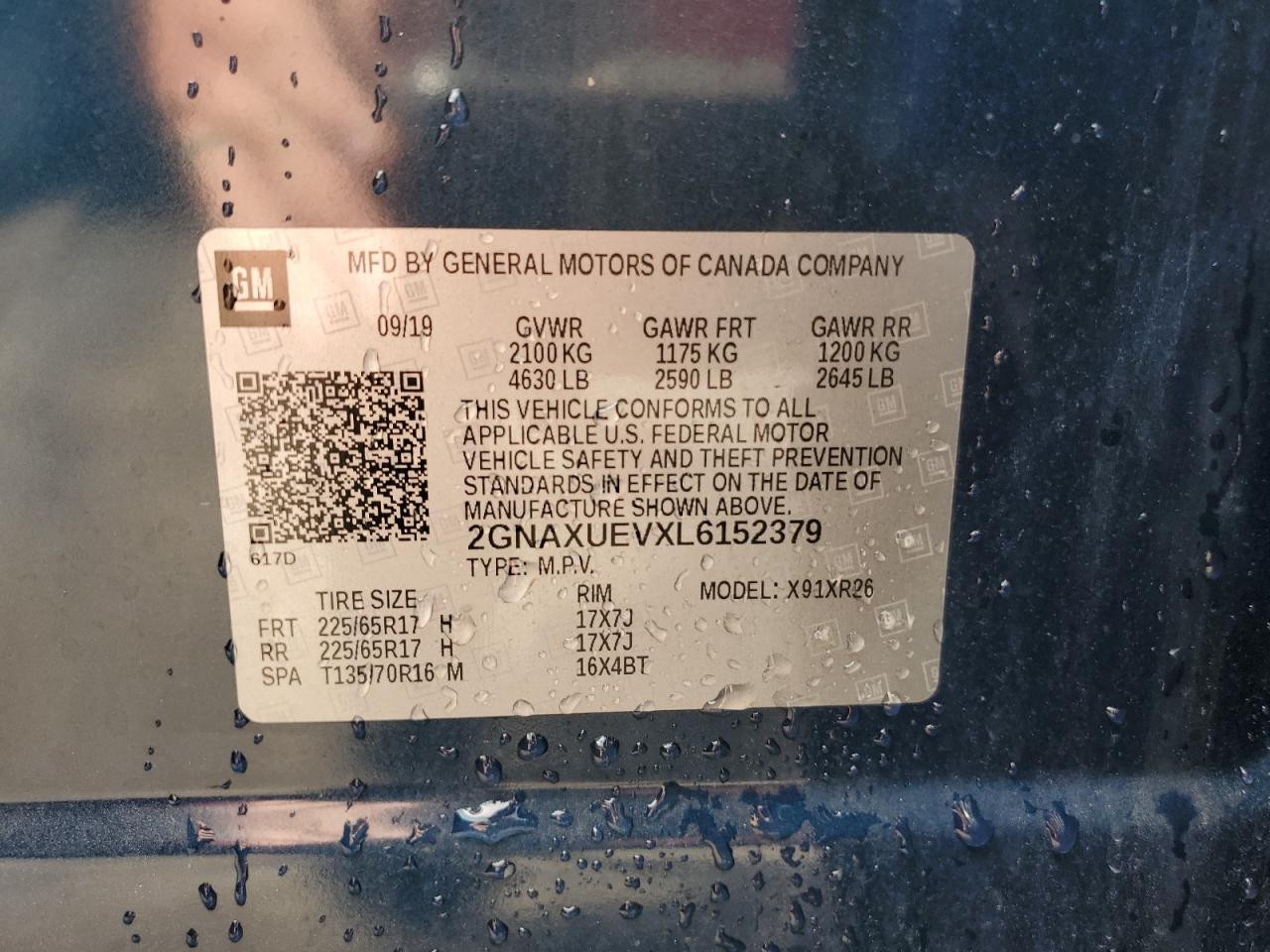 2020 Chevrolet Equinox Lt VIN: 2GNAXUEVXL6152379 Lot: 70802015