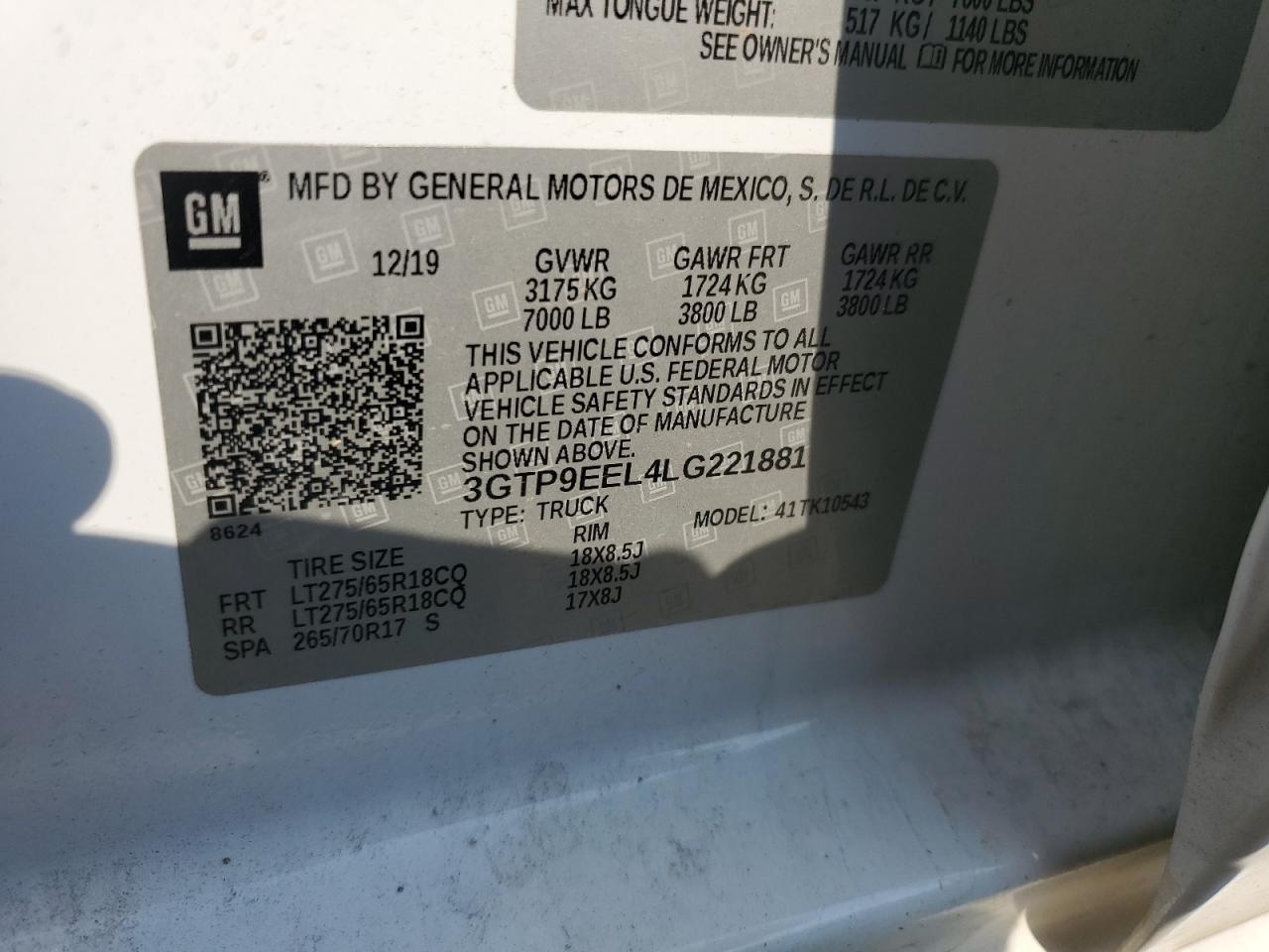 2020 GMC Sierra K1500 At4 VIN: 3GTP9EEL4LG221881 Lot: 80385495