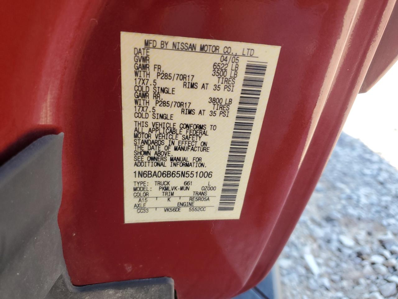 2005 Nissan Titan Xe VIN: 1N6BA06B65N551006 Lot: 80204165