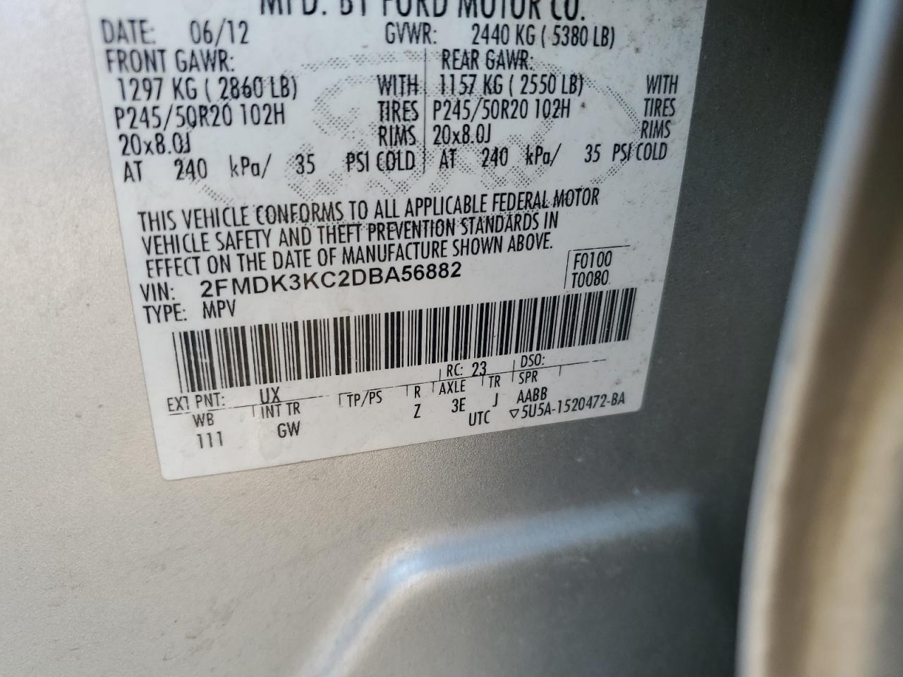 2013 Ford Edge Limited VIN: 2FMDK3KC2DBA56882 Lot: 81272195