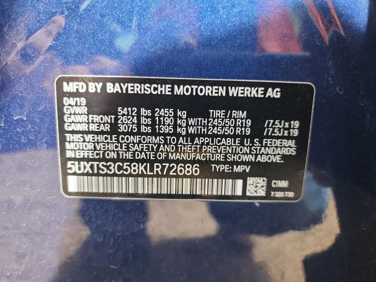 2019 BMW X3 xDrivem40I VIN: 5UXTS3C58KLR72686 Lot: 80201175