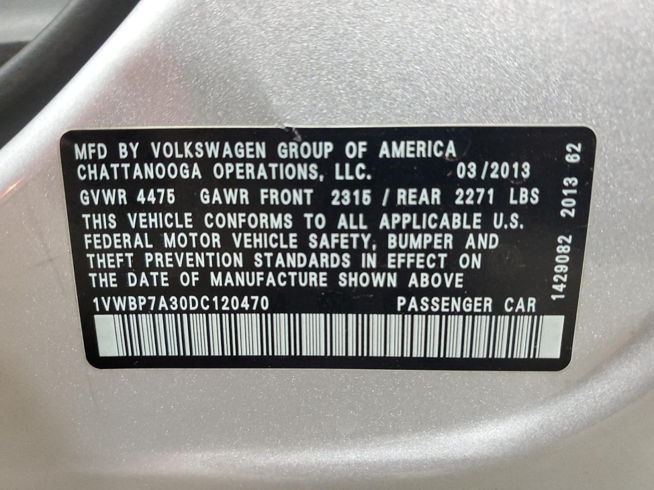 2013 Volkswagen Passat Se VIN: 1VWBP7A30DC120470 Lot: 81496275