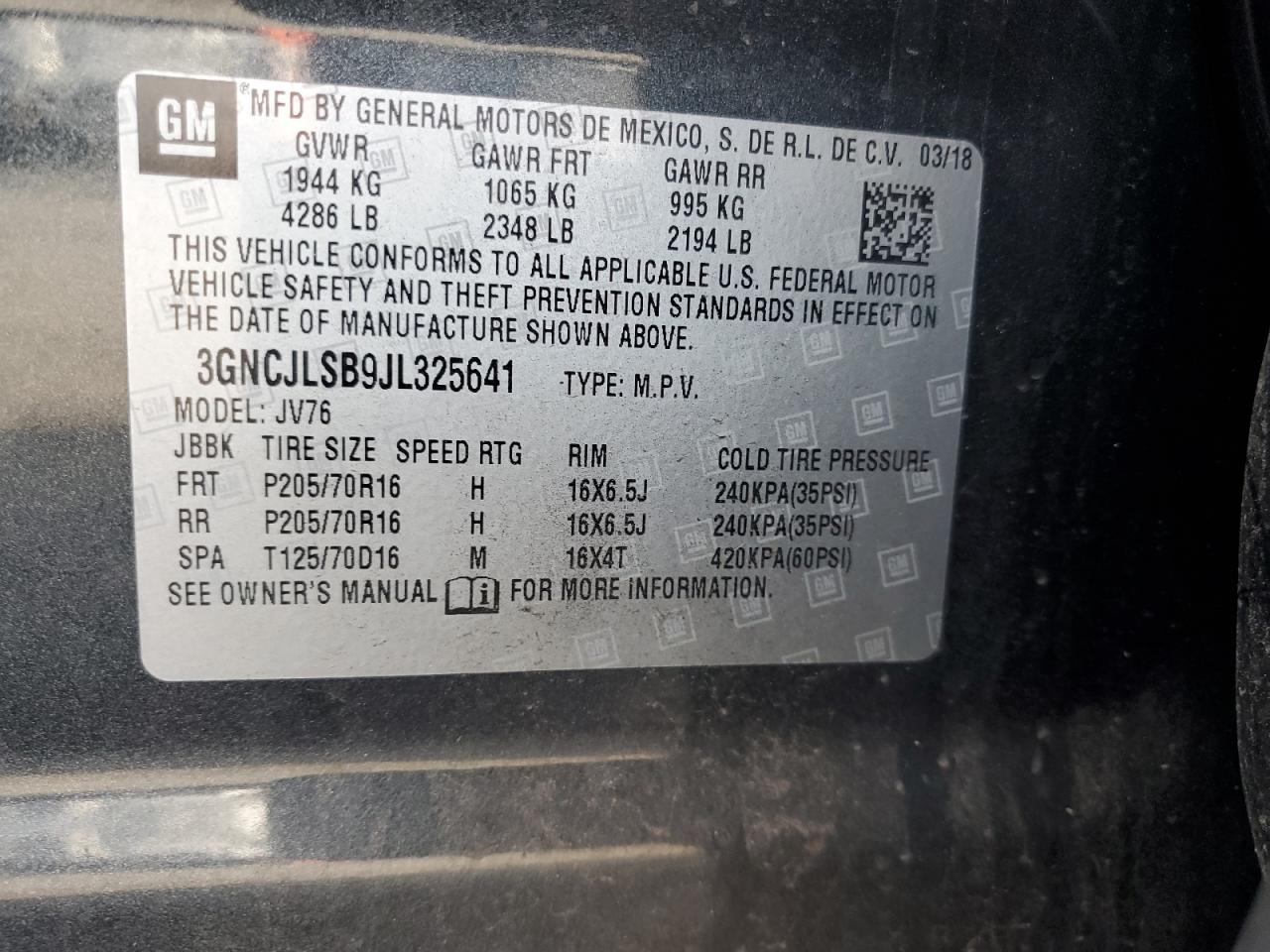 2018 Chevrolet Trax 1Lt VIN: 3GNCJLSB9JL325641 Lot: 84649435