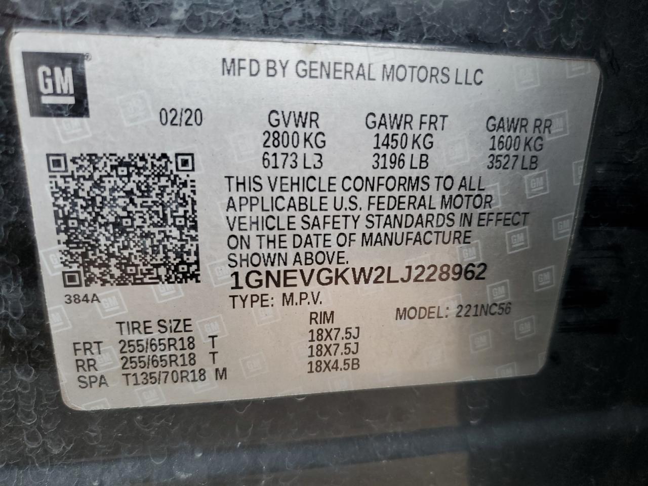 2020 Chevrolet Traverse Lt VIN: 1GNEVGKW2LJ228962 Lot: 80208785