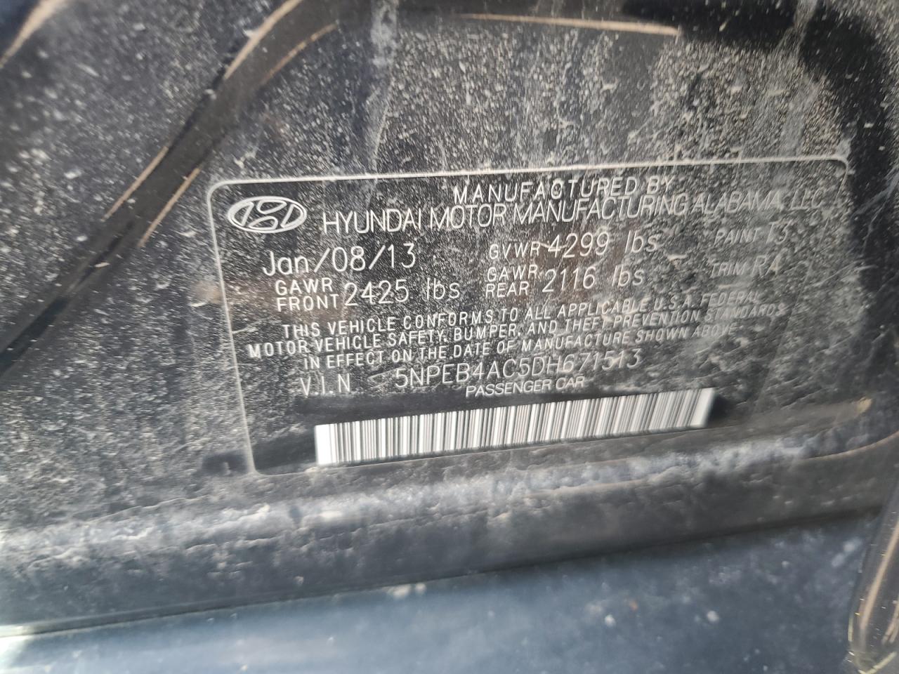 2013 Hyundai Sonata Gls VIN: 5NPEB4AC5DH671513 Lot: 71800645