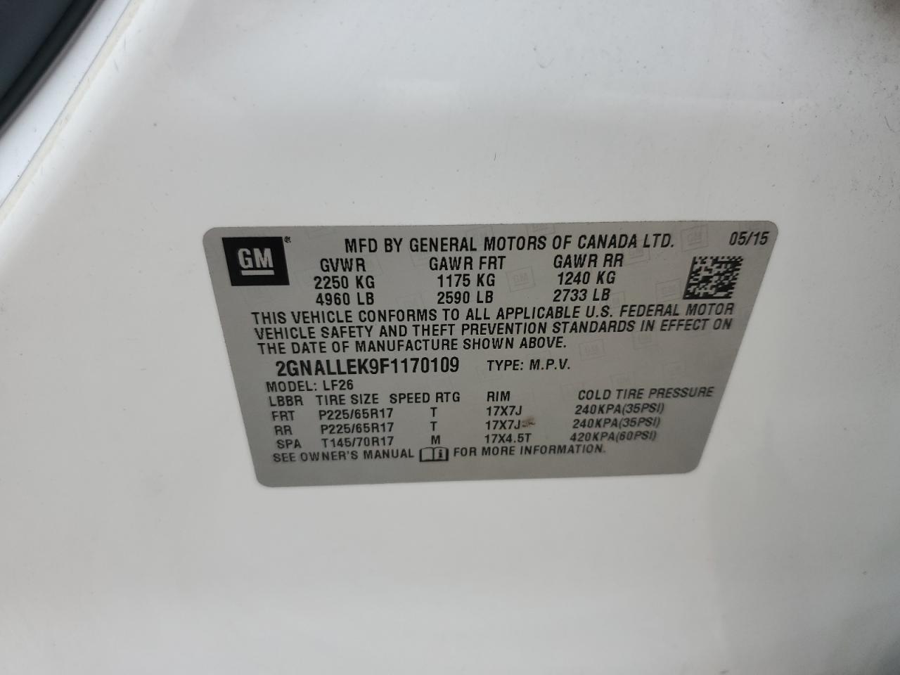 2015 Chevrolet Equinox L VIN: 2GNALLEK9F1170109 Lot: 81947855