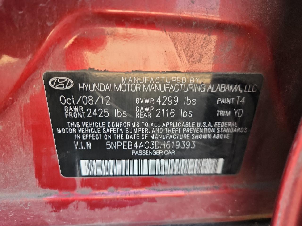 2013 Hyundai Sonata Gls VIN: 5NPEB4AC3DH619393 Lot: 80090475