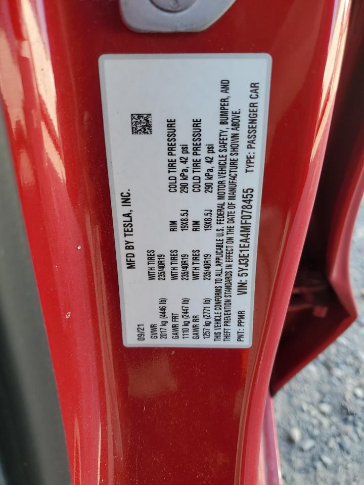 2021 Tesla Model 3 VIN: 5YJ3E1EA4MF078455 Lot: 83878665