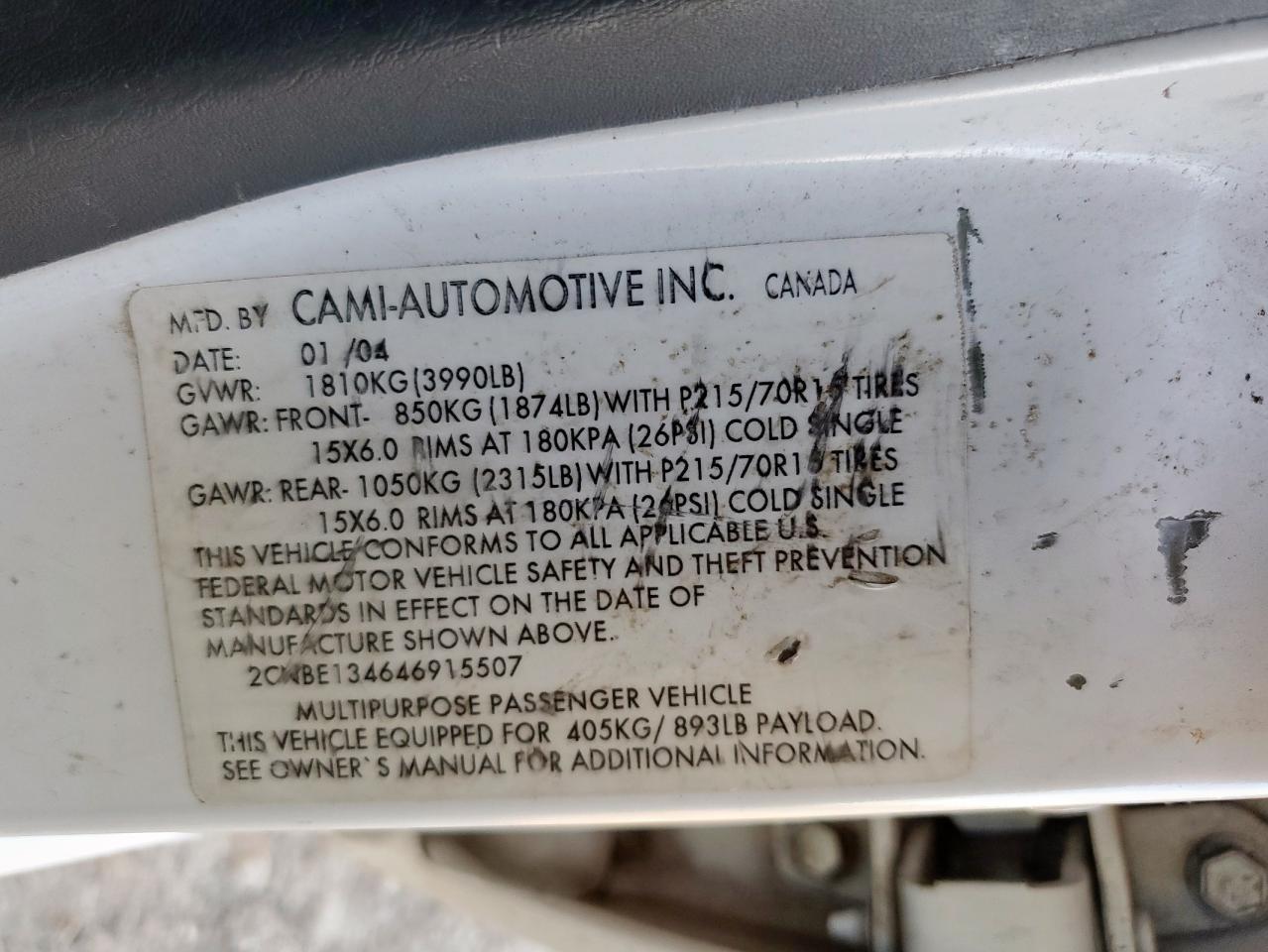 2004 Chevrolet Tracker VIN: 2CNBE134646915507 Lot: 82088055