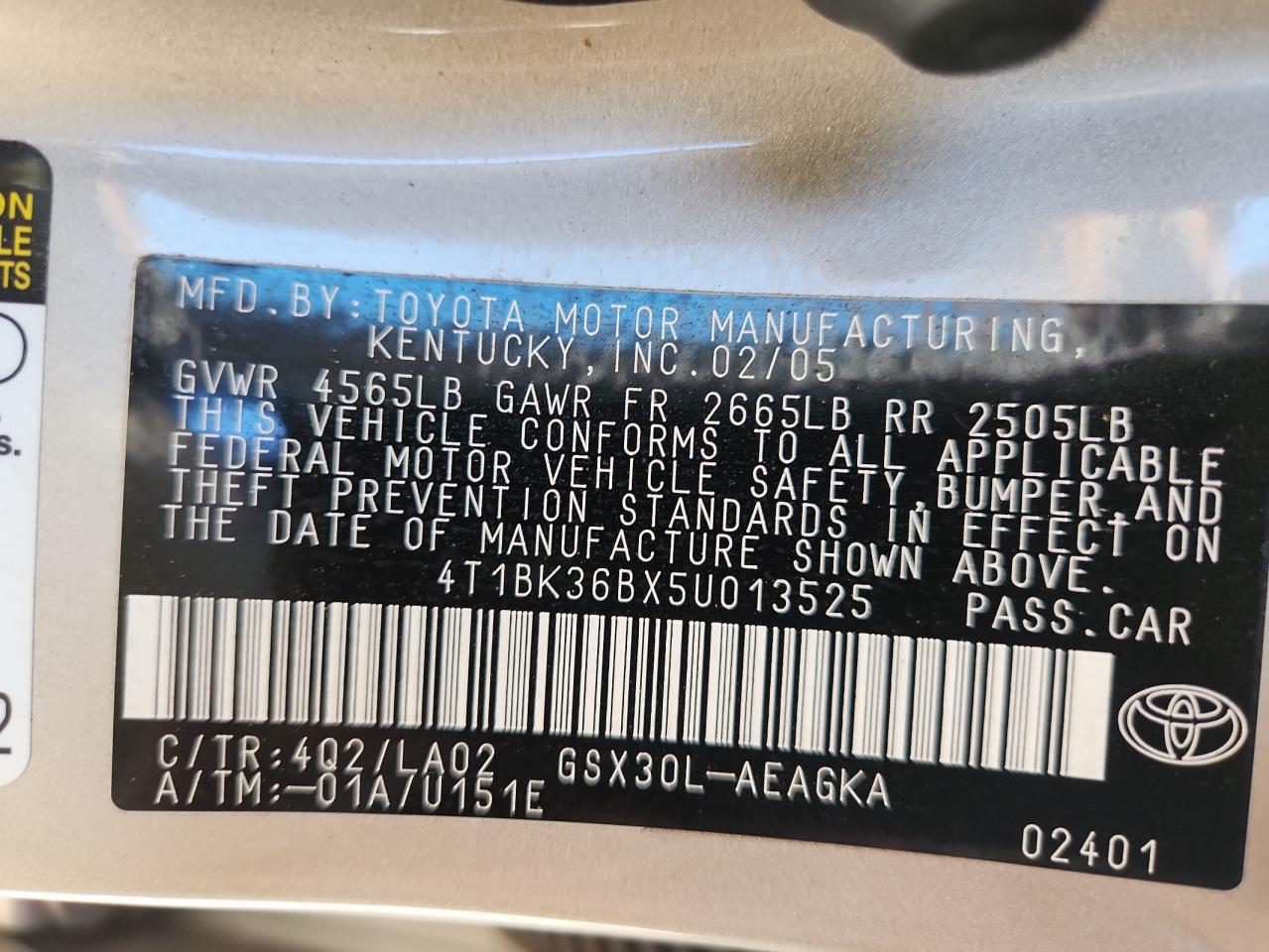 2005 Toyota Avalon Xl VIN: 4T1BK36BX5U013525 Lot: 84050665