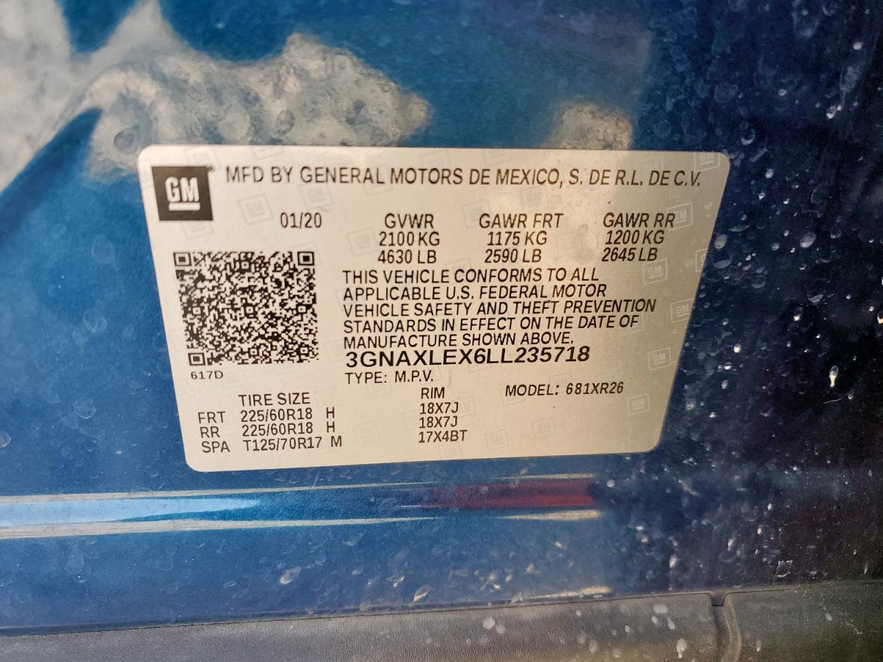 2020 Chevrolet Equinox Lt VIN: 3GNAXLEX6LL235718 Lot: 72070065