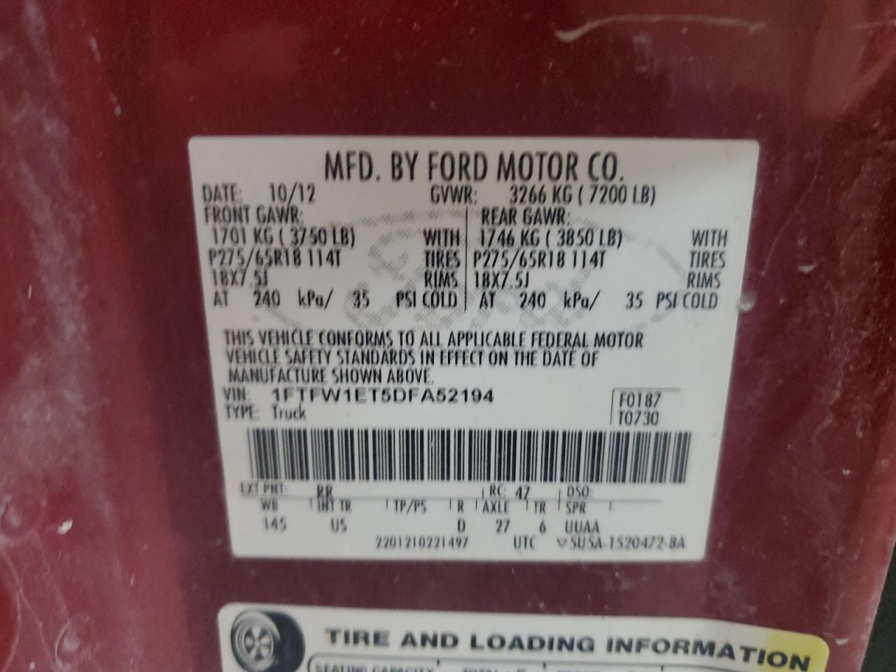 2013 Ford F150 Supercrew VIN: 1FTFW1ET5DFA52194 Lot: 71970035