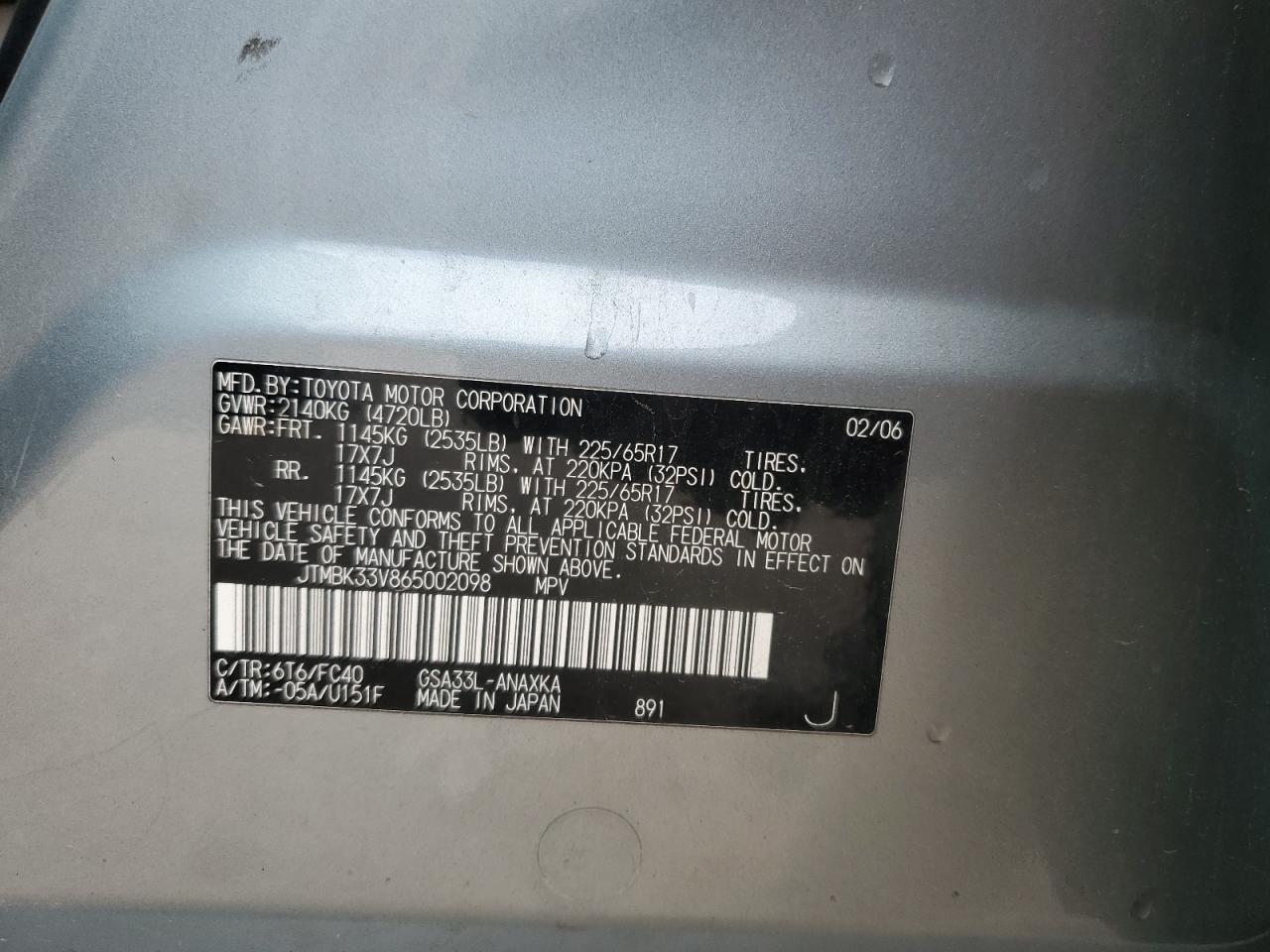 2006 Toyota Rav4 VIN: JTMBK33V865002098 Lot: 81638585