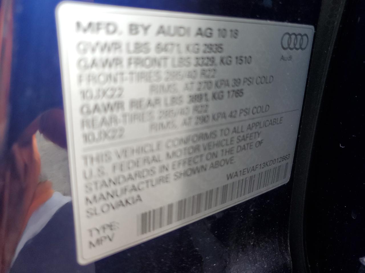 2019 Audi Q8 Premium Plus S-Line VIN: WA1EVAF13KD012663 Lot: 81892685