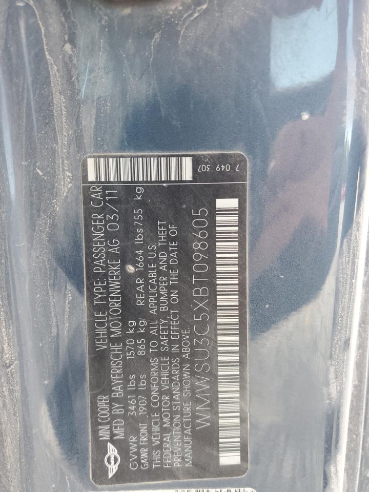 2011 Mini Cooper VIN: WMWSU3C5XBT098605 Lot: 71770385