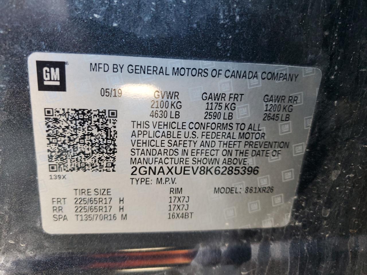 2019 Chevrolet Equinox Lt VIN: 2GNAXUEV8K6285396 Lot: 81896625