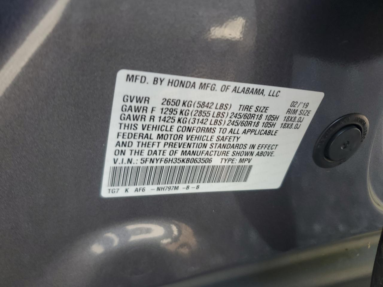 2019 Honda Pilot Ex VIN: 5FNYF6H35KB063506 Lot: 80297745