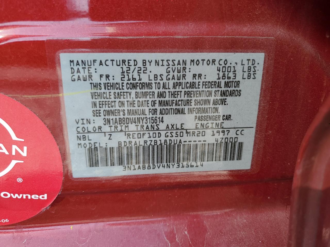 2022 Nissan Uk VIN: 3N1AB8DV4NY315614 Lot: 81321905