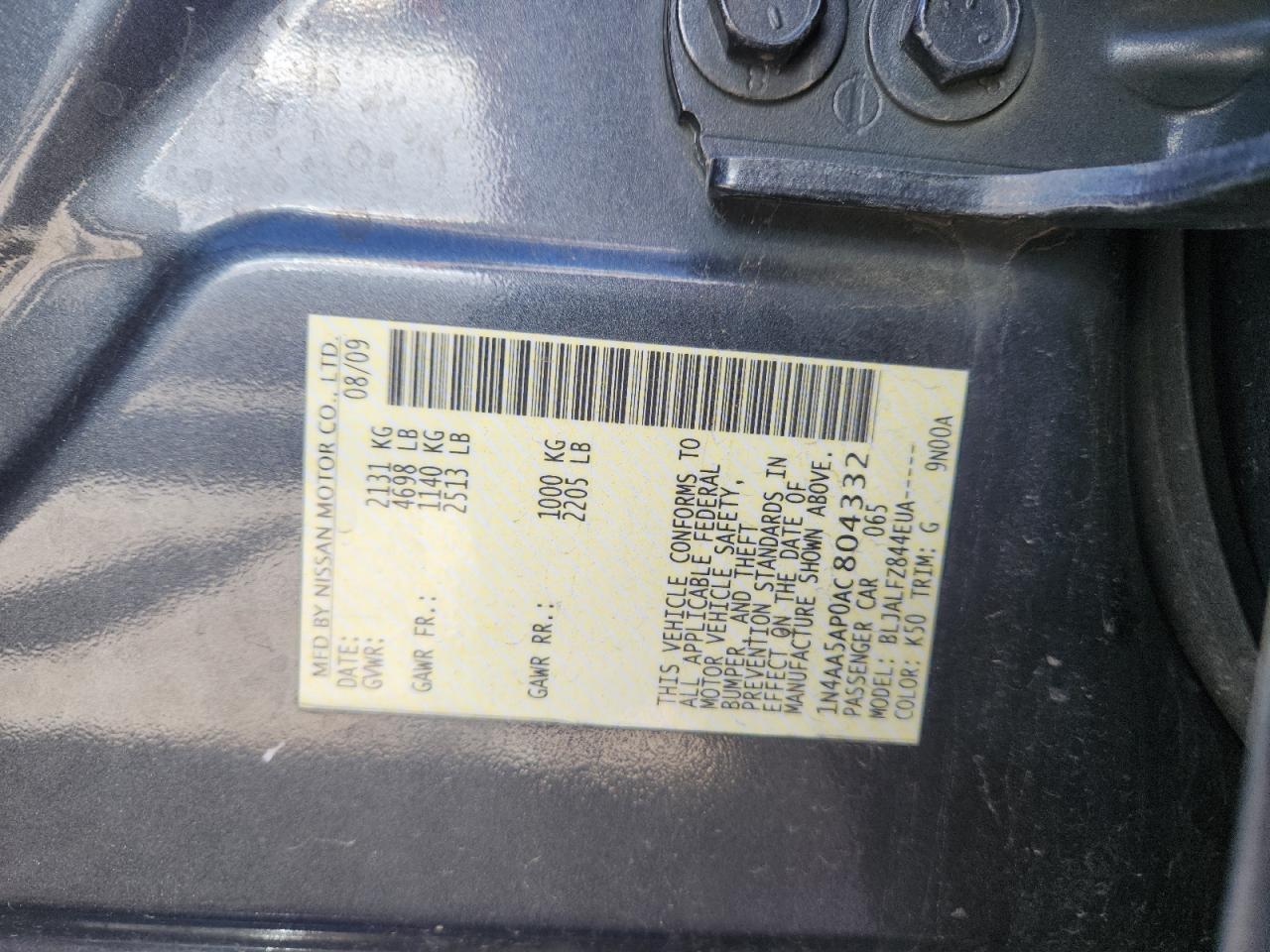 2010 Nissan Maxima S VIN: 1N4AA5AP0AC804332 Lot: 80207585