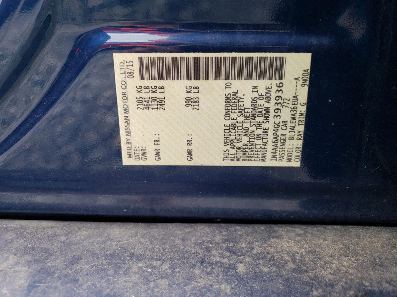 2016 Nissan Maxima 3.5S VIN: 1N4AA6AP4GC393936 Lot: 81026725