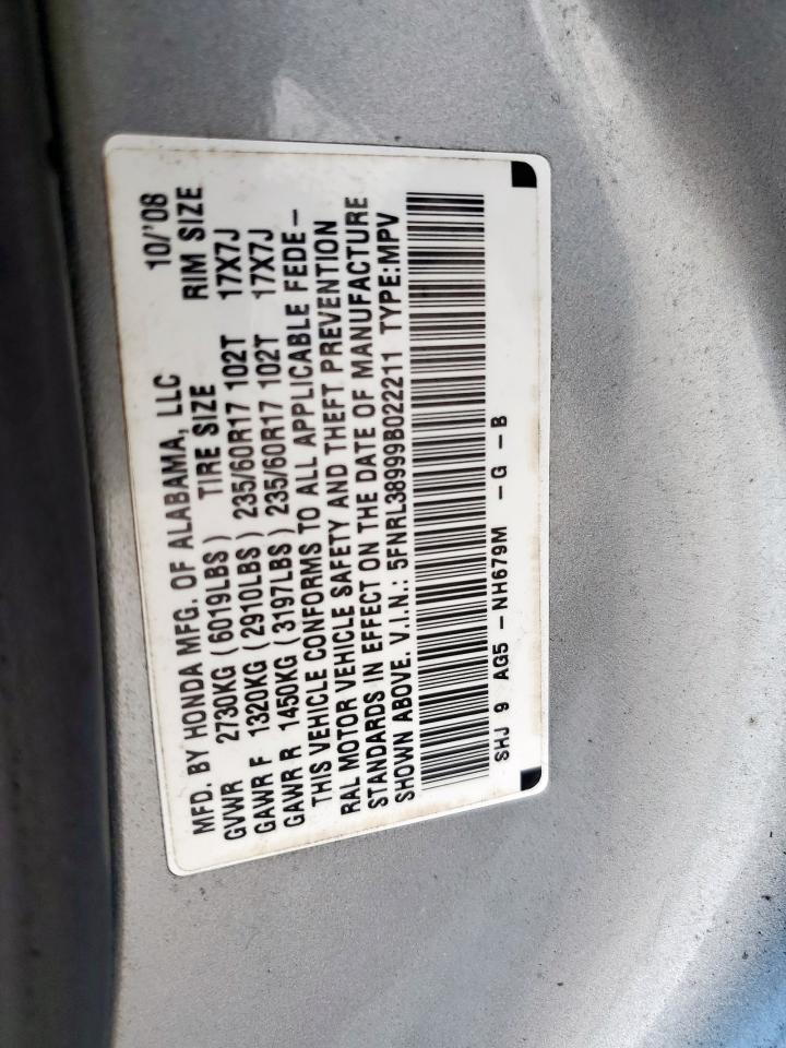 2009 Honda Odyssey Touring VIN: 5FNRL38999B022211 Lot: 83935385